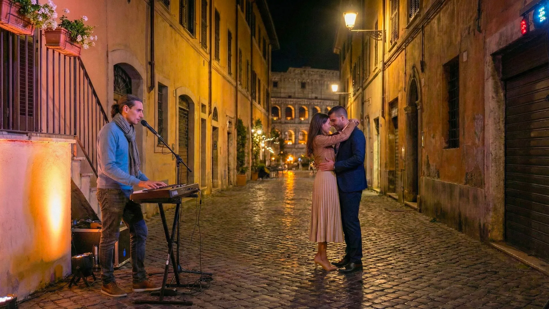 Una giovane coppia che balla di sera in una via di Roma con la musica cantata da Alessio Intaglietta